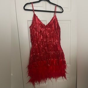 Red fringe and feather dress